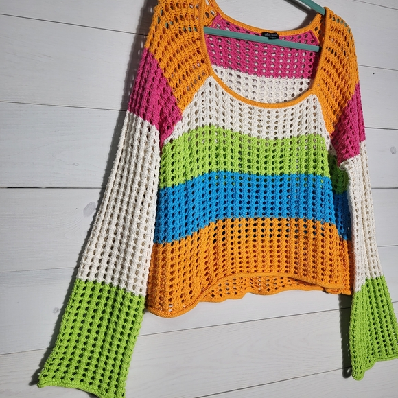 Cotton Sweater Open Weave Knit Sweater Colorful Stripe Top Beachy BOHO - Picture 2 of 6